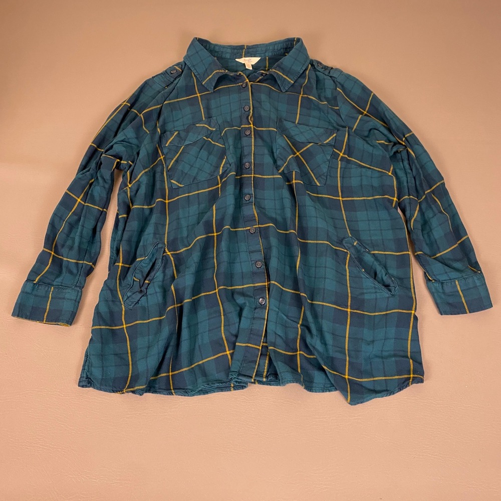 Terra & Sky Flannel Shirt Women's Plus Size 2X Plaid Button Up Gem Slate Combo